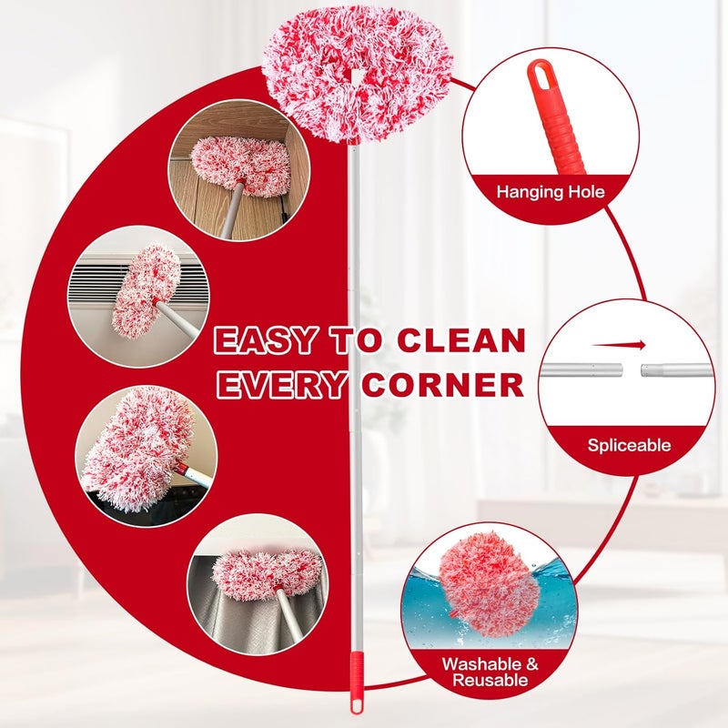 Heonay Ceiling Fan Cleaner Duster Reusable Microfiber Ceiling Fan Blade Cleaner Removable Duster with Extension Pole Adjusts 13 to 49.7 Inch for Cleaning Walls Furniture Door Window Top (Red White) - Image 3